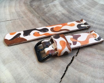 Camouflage leather watch strap Camo military watch band Army watch strap mens Handmade camo watch strap Black PVD buckle Camouflage pattern