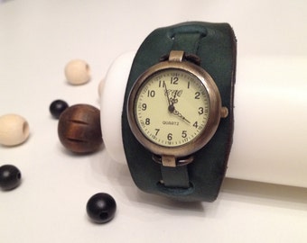 Retro lederen manchet ronde horloge antieke bronzen lederen armband horloge pols vintage lederen horloge groen echte koeienhuid lederen horlogeband