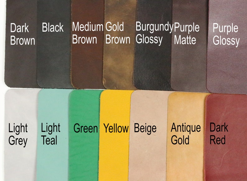 May include: A color palette featuring swatches of leather in various colors. The colors include dark brown, black, medium brown, gold brown, burgundy glossy, purple matte, purple glossy, light grey, light teal, green, yellow, beige, antique gold, and dark red.