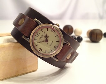 Retro leather cuff watch Antique bronze Leather bracelet watch Wrist leather watch Vintage leather watch dark brown Christmas gift for her