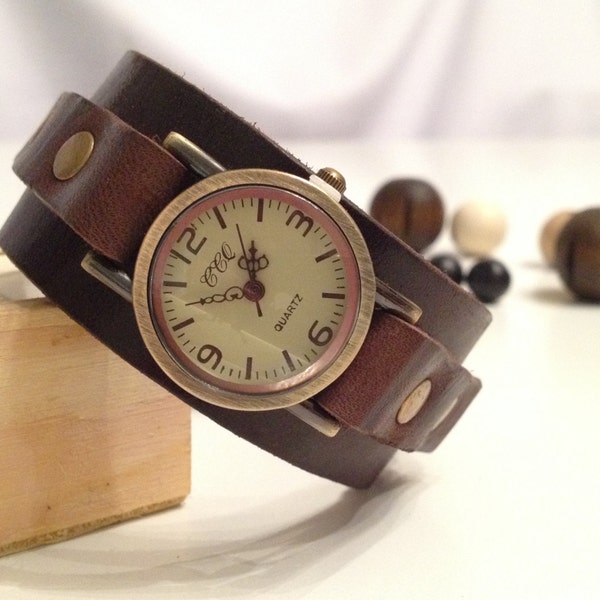 Retro leren manchethorloge Antiek brons Leren armbandhorloge Leren polshorloge Vintage leren horloge donkerbruin Kerstcadeau voor haar