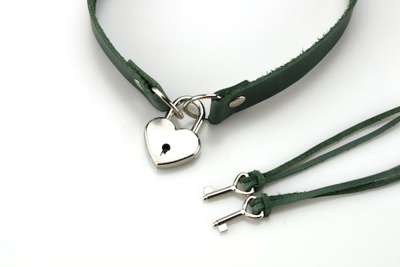 Green Leather Choker Necklace Teal Locking Slave Collar for Women