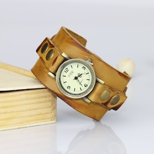 Beige leather cuff watch Distressed leather Wrist watch women Vintage leather watch light brown Birthday gift for her Bracelet watch