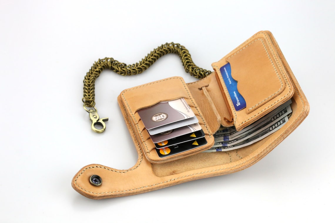 Biker Wallet Chain Natural Full Grain Veg Tan Leather Hand Etsy Canada