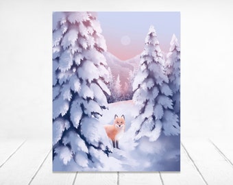 Witte Winter Fine Art Print | Fox Kunst aan de Muur | Wildlife Art Print | Red Fox Poster | Winter Fox Illustratie | Cute Fox Wall Art | Sneeuw print