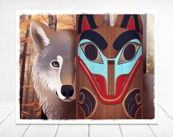 Wolf Totem Art Print | Wolf Schilderij | Totem Art Print | Alaskan Wildlife Art | Totem Print | Wildlife Art | Native Art Print