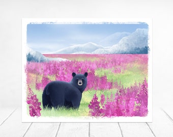 Black Bear Wildlife Art Print | Fireweed Art Print | Black Bear Art | Bear Art Print | Beer Aquarel Art | De | van de Kunst van Alaska Alaska Aquarel
