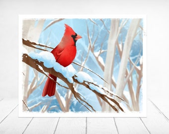 Rode Kardinaal Art Print | De | van de Kunst van de vogel Cardinal Art Print | Kardinaal in sneeuw | De | van de Hoofdillustratie De Aquarel | van de vogel De wilde Kunst van de Vogel