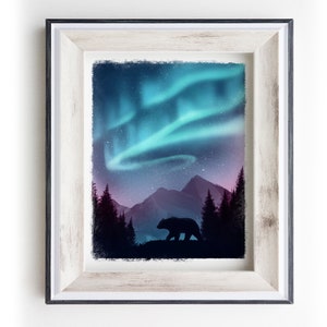 Nordlicht Fine Art Print | Aurora Wandkunst | Bären-Silhouette | Landschaftsdruck | Aurora Malerei | Poster Aurora Borealis