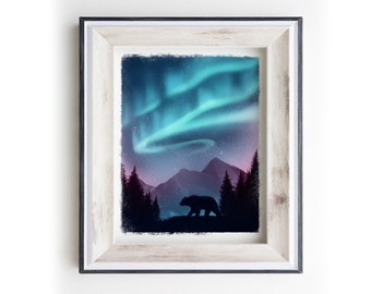 Northern Lights Fine Art Print | Aurora Wall Art | Wildlife Bear Silhouette | Landscape Print | Aurora Painting | Aurora Borealis Poster