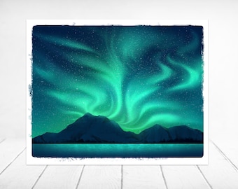 Northern Lights Fine Art Print | Nature Wall Art | Alaska Wall Art | Landscape Print | Aurora Painting | Mountain Poster | Alaska Art