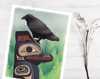 Raven Totem Pole Art Print | Alaskan Art Print | Wildlife Art Print | De | van de Kunst van Alaska Totem print | Raven Kunst | Raven Kunst print