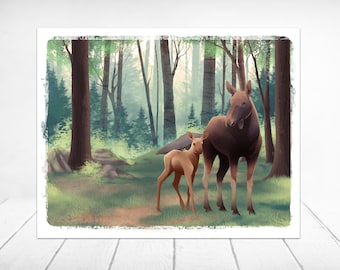 Eland en Kalf Wildlife Art Print | Nature Art Print | Moose Art Print | Alaska Print | Alaska Wildlife | Wildlife Artwork | Moose Kunstwerk