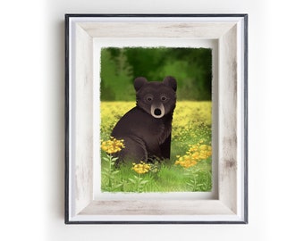 Baby Beer Art Print | Wildlife Art Print | Black Bear Art | Floral Art Print | Baby beer aquarel kunst | Alaska Kunst | Alaska Aquarel