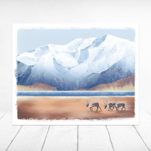 Denali National Park Art Print: Caribou, Alaskan Mountain Landscape