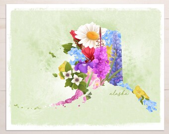 Alaska State Wildflower Art Print: Vintage Botanical State Map