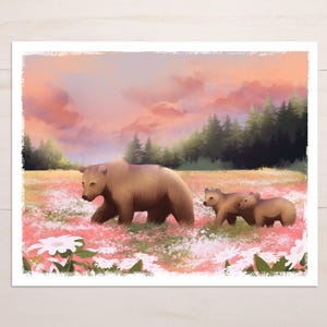 Mama Bear Art Print: Wildflower Meadow Grizzly Brown Bear Alaskan Wildlife