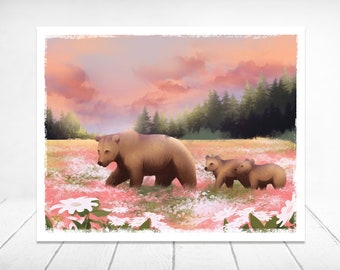 Brown Bear Wildlife Art Print | Wildflower Art Print | Mama Bear Art Print | Grizzly Beer Art | Alaska Kunst | Alaska Aquarel
