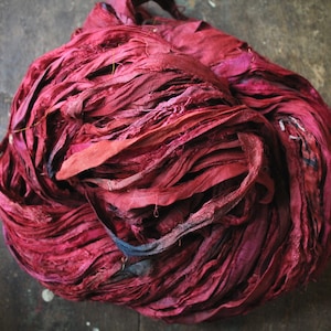 Pure Sari Silk, Muted Red Mix, 5 Yards, New Recycled Sari Silk, Textile, Ribbon, Yarn, ArtWear Elements, 222b