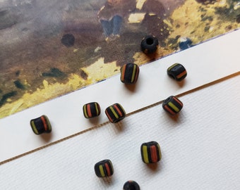 Ghana Glass Beads, 5-6mm Black/Orange/Yellow, Handmade Vintage Glass Barrel Beads, ArtWear Elements®