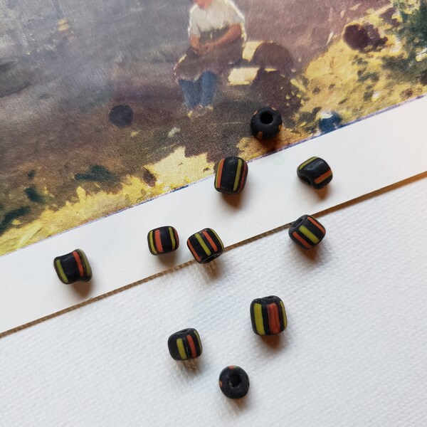 Ghana Glass Beads, 5-6mm Black/Orange/Yellow, Handmade Vintage Glass Barrel Beads, ArtWear Elements®