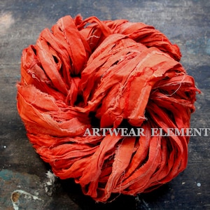 Pure Recycled Sari Silk, NEON Orange, Fair Trade, Textile Fiber, Yarn, Art Yarn, Orange Silk, Bracelet Ribbon, ArtWear Elements