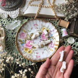 May include: A vintage floral teacup saucer with a gold rim holds several small, white bone fragments. The saucer features pink roses and yellow flowers. Additional bone fragments are held in a hand. The scene is set on a green crocheted surface.