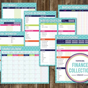 May include: A set of five printable finance trackers with a teal background and polka dots. The trackers include a debt snowball, irregular income planning, personal information, finance calendar, monthly cash flow, monthly payment tracker, and allocated spending. The trackers are designed to help people manage their finances.