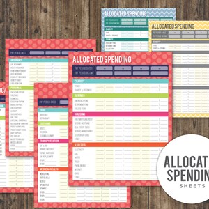 May include: A collection of colorful "Allocated Spending Sheets" with various designs, including polka dots and chevron patterns. Each sheet features sections for tracking expenses like insurance, food, and utilities. The sheets are designed for financial organization.