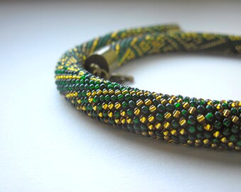 Statement Necklace - Bib Necklace - Bead Crochet - Seed Beads Necklace - Gold/Green - Evening Necklace