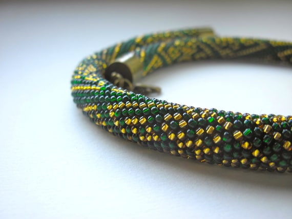 Statement Necklace - Bib Necklace - Bead Crochet - Seed Beads Necklace - Gold/Green - Evening Necklace