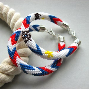 2 Bracelets &quot;Marine&quot; - Bead Crochet Bracelet - Bangle - White/Blue/Red - Beadwork - Nautical - Marine