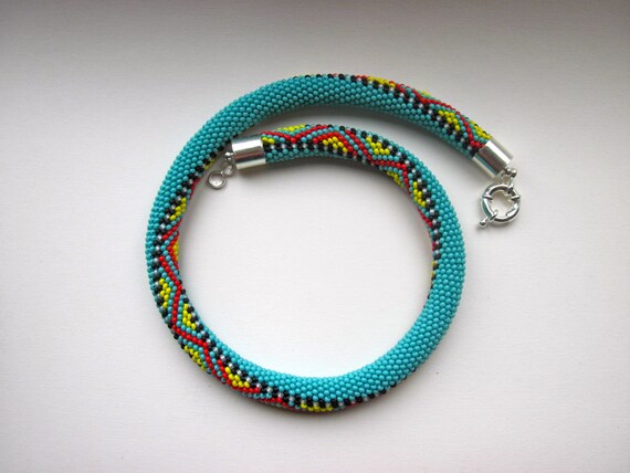 Statement Necklace - Bib Necklace - Bead Crochet - Seed Beads Necklace - Turquoise/Red/Yellow/Black - Evening Necklace