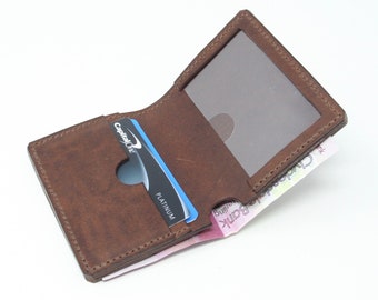 Brown leather wallet with window pocket for ID cards