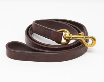 Brown leather dog lead with solid brass snap hook fastener