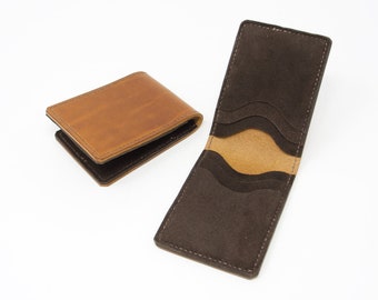 Tan leather bifold credit card holder, with six card pockets