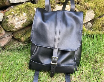 Small leather backpack / black leather rucksack