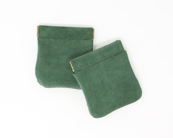 Green suede squeeze purse / snap top coin purse