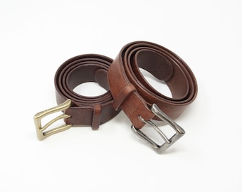 Brown Leather Belt: Hand-Stitched; 38mm Wide