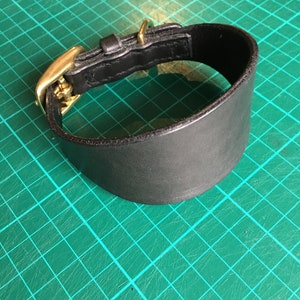 May include: A black leather dog collar with a brass buckle. The collar is wide and has a rounded shape.