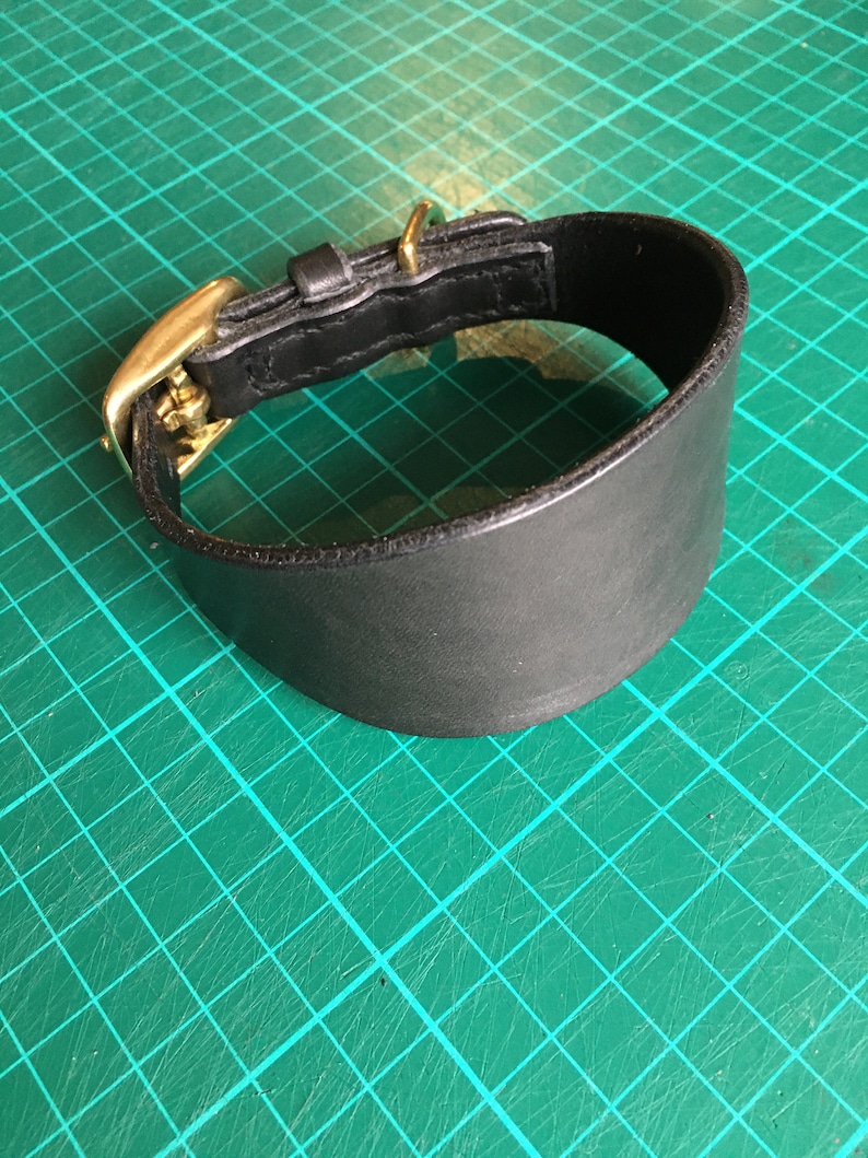 May include: A black leather dog collar with a brass buckle. The collar is wide and has a rounded shape.