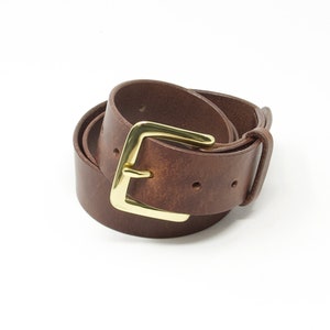 Brown Italian leather belt with solid brass buckle; 1.5" (38mm) wide; unisex; distressed leather; hand-stitched; burnished edges