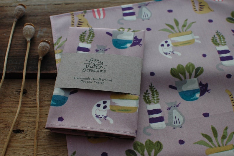 Purple Duo Organic Cotton Handkerchief Pocket Square Hankie Terrarium Cats Kerchief Ladies Hanky Eco Friendly Zero Waste