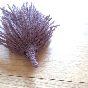 May include: A handmade knitted echidna toy in shades of mauve and brown. The toy features a long snout, small black eyes, and a body covered in textured, spiky yarn. The echidna is lying on a wooden surface.