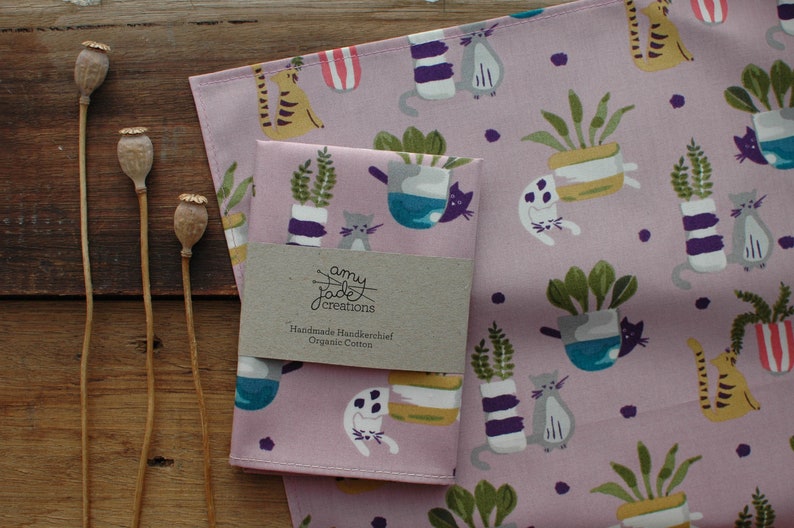 Purple Duo Organic Cotton Handkerchief Pocket Square Hankie Terrarium Cats Kerchief Ladies Hanky Eco Friendly Zero Waste