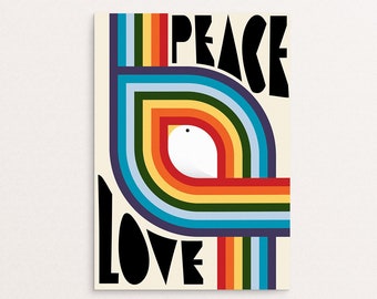 Peace & Love - Retro Rainbow Graphic Design Poster