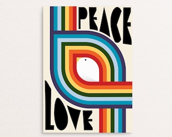 Peace & Love - Retro Rainbow Graphic Design Poster