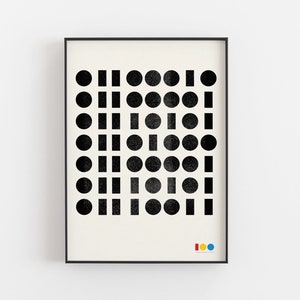 May include: Black and white geometric print featuring a pattern of circles and rectangles. The print is framed in a black frame.