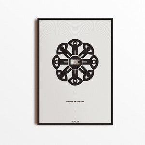 May include: Black and white poster with a circular design featuring a stylized logo of the letters "BOC" surrounded by eight figures with outstretched arms. The text "boards of canada" is below the logo.