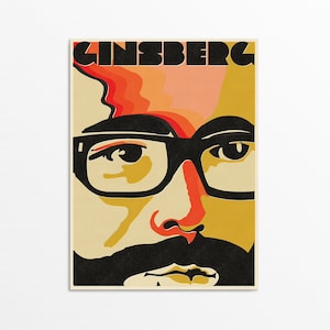 May include: A close-up portrait of a man with a beard and glasses. The image is in a retro style with bold colors and a simple design. The text "GINSBERG" is at the top of the image.